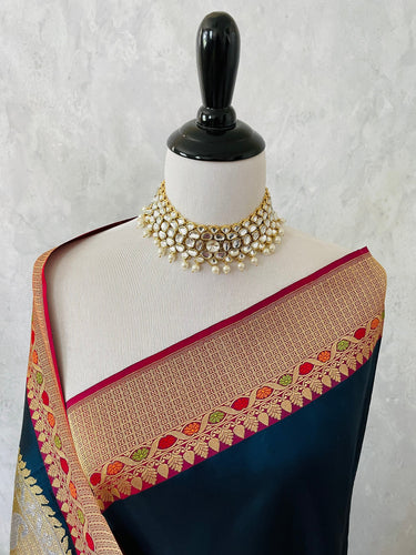 Banarasi Katan Silk Saree | Navy Blue & Maroon | Gold and Silver Zari | Handwoven | Silk Mark Certified | Ships from California